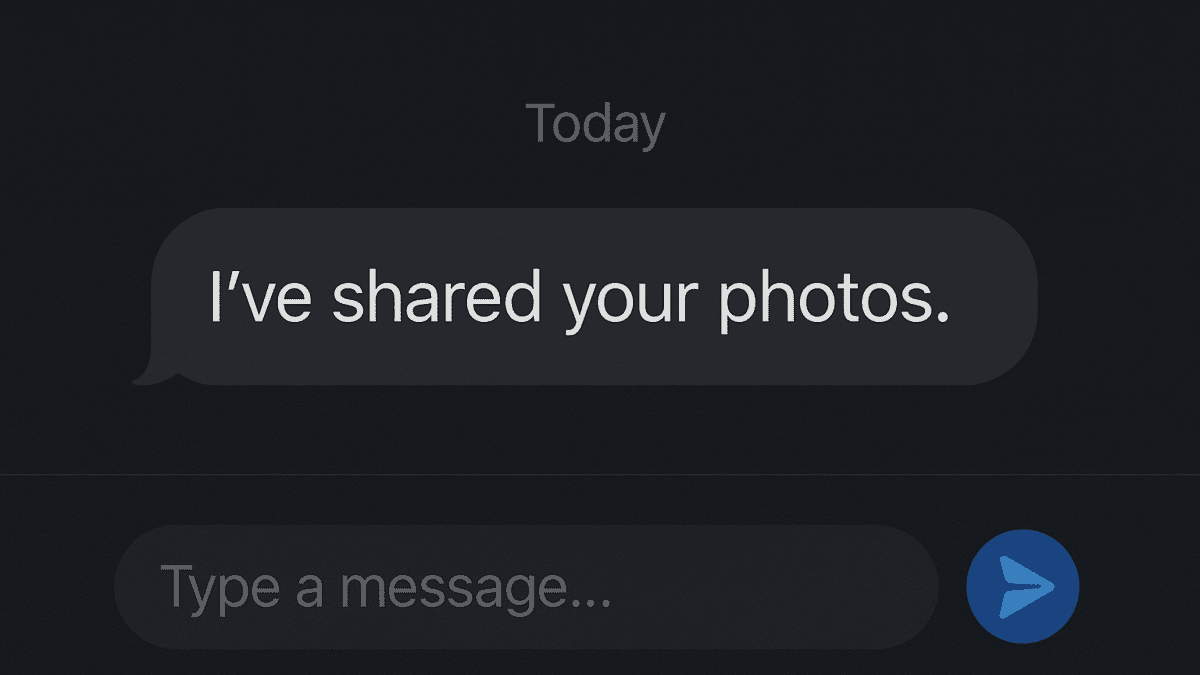 Blurred chat screenshot showing threat message about sharing private photos Image Caption: A threatening message sent to a victim of online blackmail Image Description: A horizontal image displaying a text bubble with a message stating that someone’s private photos have been shared online