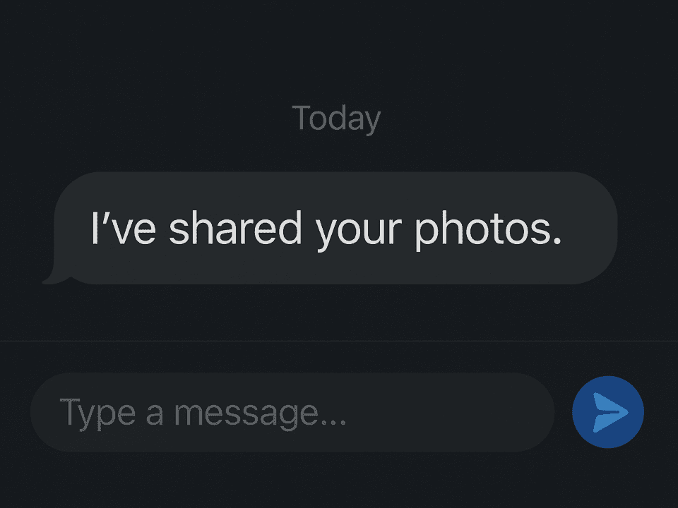 Blurred chat screenshot showing threat message about sharing private photos Image Caption: A threatening message sent to a victim of online blackmail Image Description: A horizontal image displaying a text bubble with a message stating that someone’s private photos have been shared online
